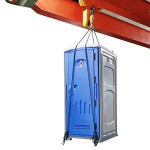 A crane lifts a portable toilet