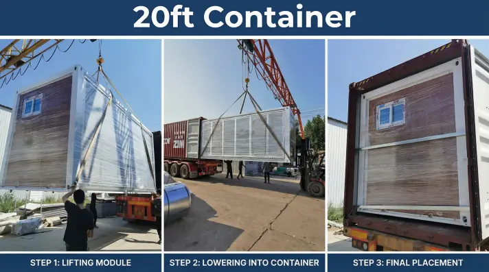 Loading oversized 20ft expandable container house onto a 20ft container using a crane