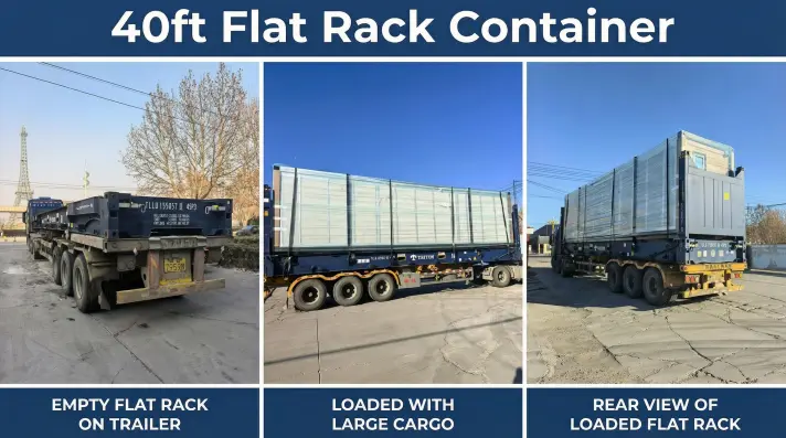 Loading oversized 40ft expandable container house onto a 40ft Flat Rack container using a crane