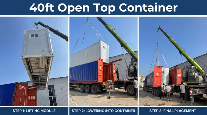 Loading oversized 40ft expandable container house onto a 40ft open top container using a crane