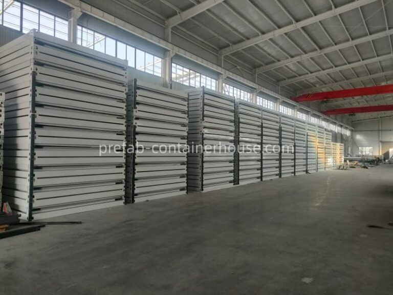 Sunfine factory warehouse filled with massive stacks of foldable container homes for bulk orders