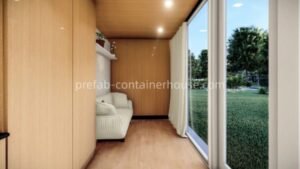 Interior design of a modern apple cabin pod with white sofa and panoramic glass walls.