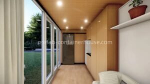 Functional 3D layout of a 20ft apple cabin home with integrated kitchen and living area.