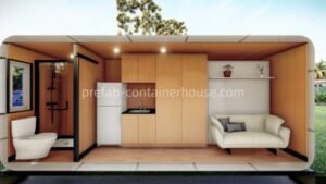 Longitudinal view of an apple cabin capsule house interior showing wood finish and smart lighting.
