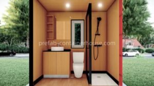 Modern bathroom features in an apple log cabin including shower, toilet, and washbasin.