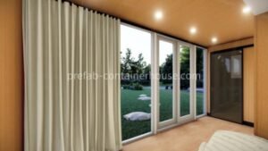 Panoramic view from a modern office apple cabin featuring energy-efficient glass and curtains.