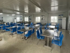 A spacious flat pack building configured as a cafeteria, showcasing the scalability of Chinese flat pack houses