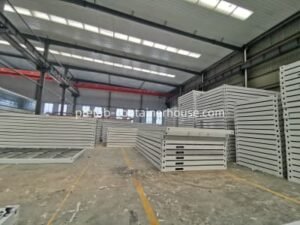 Large-scale inventory of prefab container house wall panels at Sunfine’s China manufacturing facility