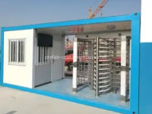 A flat pack container customized as a secure site entrance, demonstrating the flexibility of flat pack shipping containers